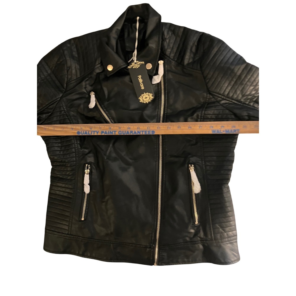 Pallivare Womens Black Faux Leather Moto Jacket Biker Style Gold Zippers Quilted - Picture 5 of 7